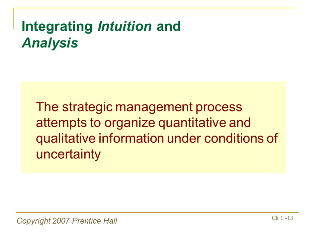 Copyright 2007 Prentice Hall Ch 1 -13 The strategic management process attempts to organize